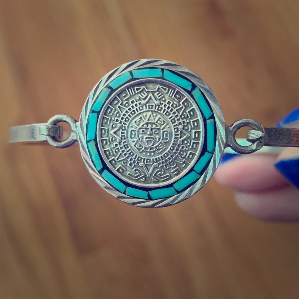 Sterling silver Turquoise Mayan ? bangle bracelet